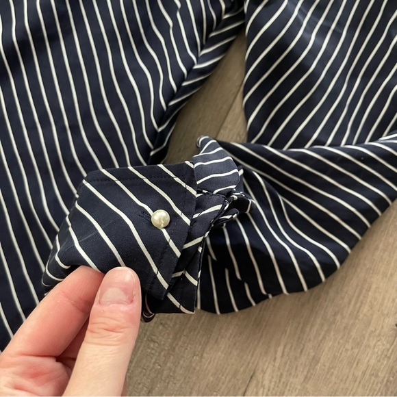 Ralph Lauren Navy Striped 100% Silk Pearl Button Down Blouse - Picture 2 of 5